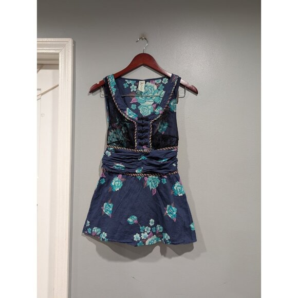 Free People Blue Floral Sleeveless Tunic Top Black Lace Wrap Front Boho Size 4 - Picture 1 of 16